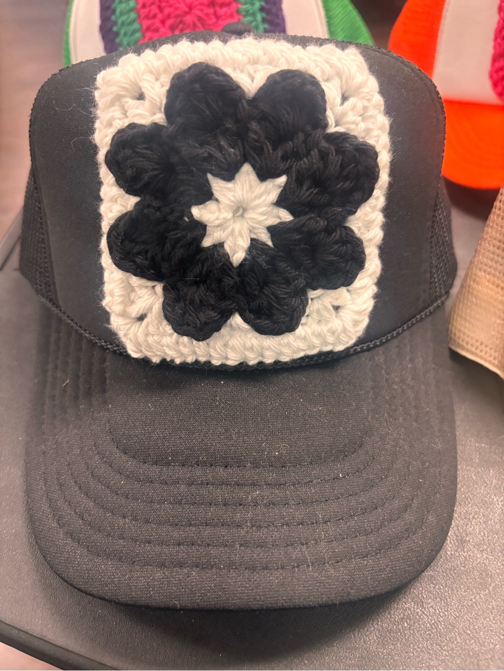 Black Trucker Hat with Crochet Flower Patch